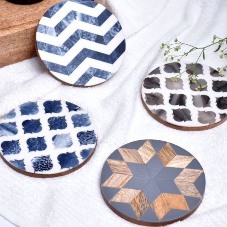 Handmade Grey Round Resin Set of 4 Decorative Table Coasters